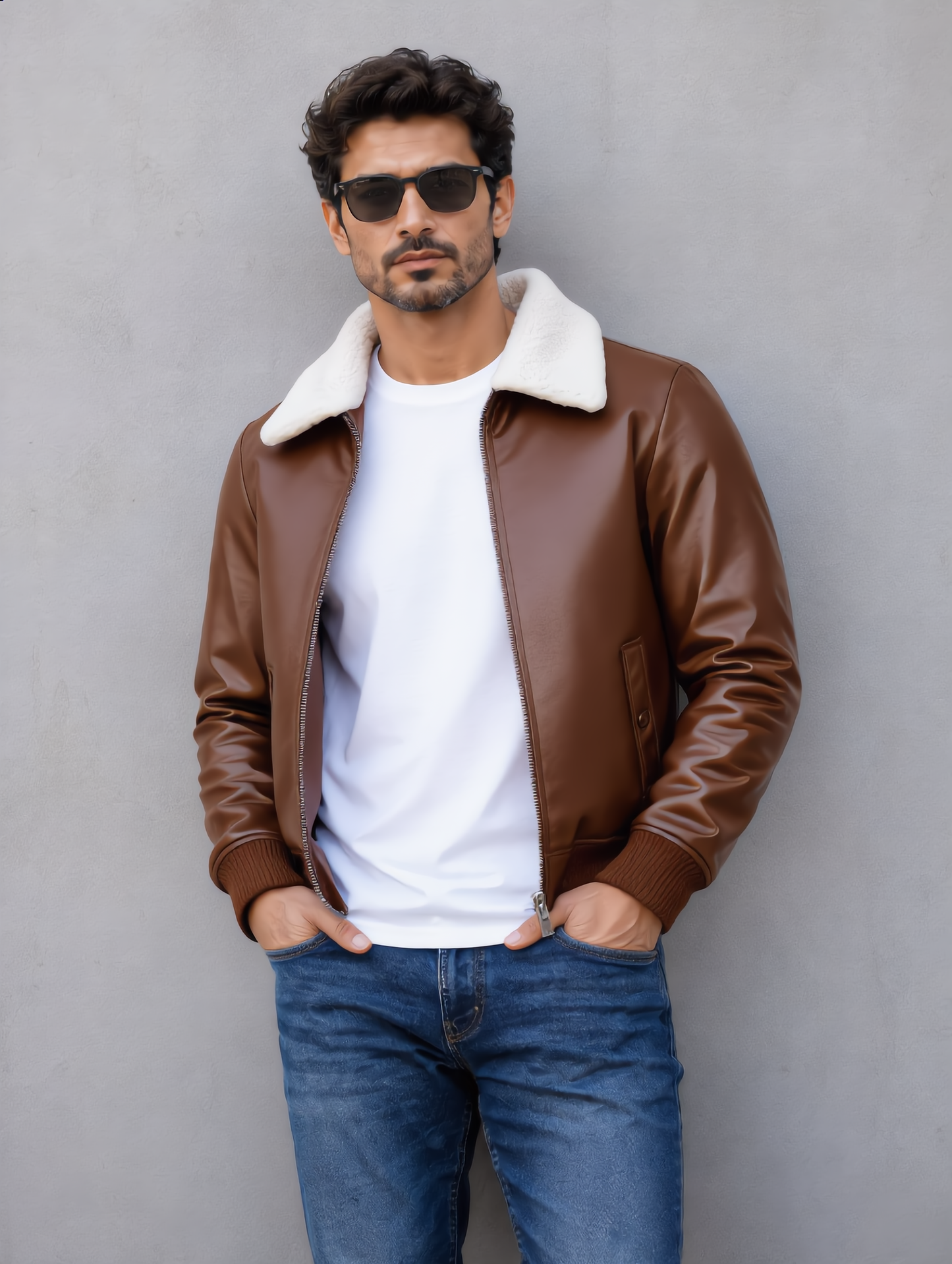 Leather Jacket (Detachable Faux Fur Collar) - Brown