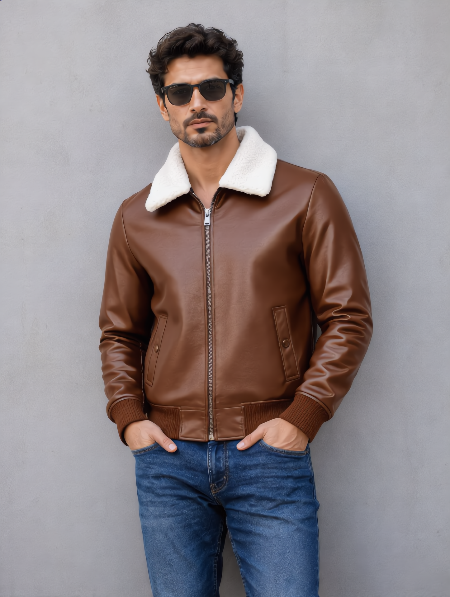 Leather Jacket (Detachable Faux Fur Collar) - Brown