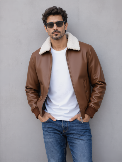 Leather Jacket (Detachable Faux Fur Collar) - Brown
