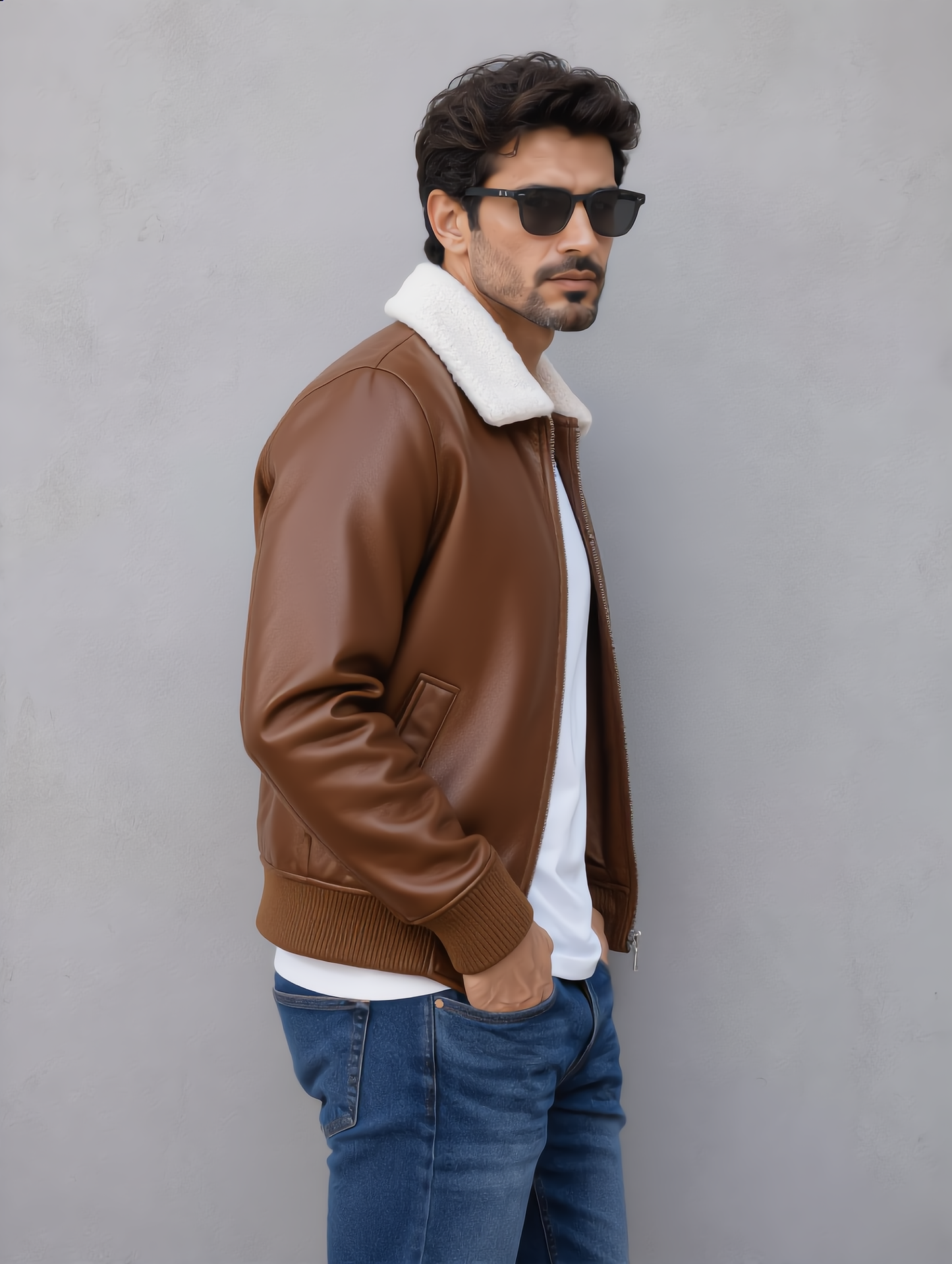 Leather Jacket (Detachable Faux Fur Collar) - Brown