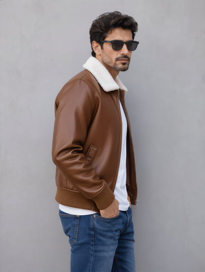 Leather Jacket (Detachable Faux Fur Collar) - Brown