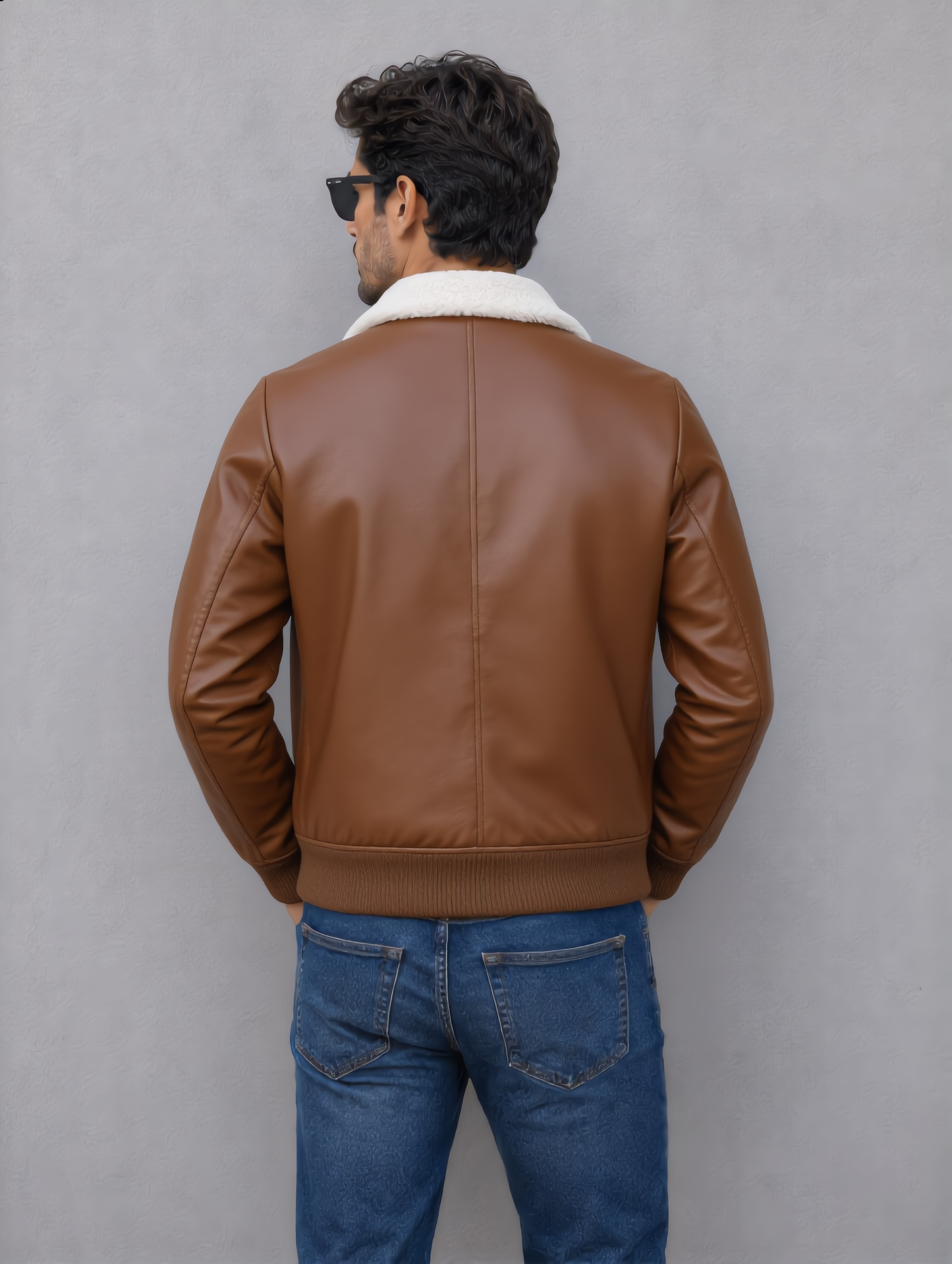 Leather Jacket (Detachable Faux Fur Collar) - Brown