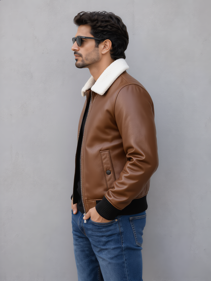 Leather Jacket (Detachable Faux Fur Collar) - Brown