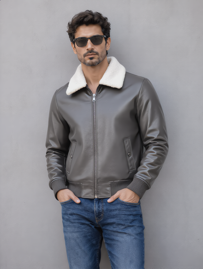 Leather Jacket (Detachable Faux Fur Collar) - Gray