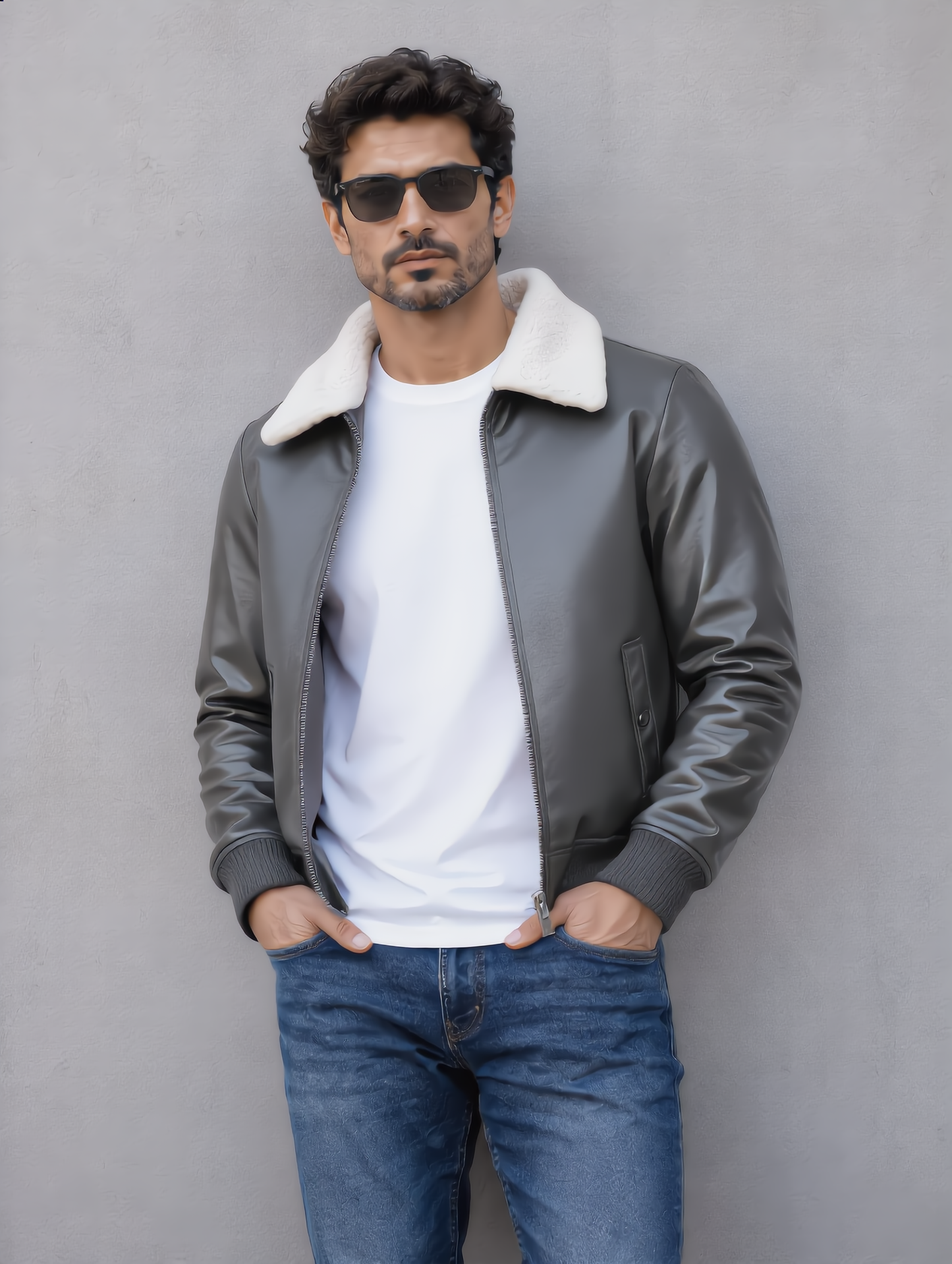 Leather Jacket (Detachable Faux Fur Collar) - Gray