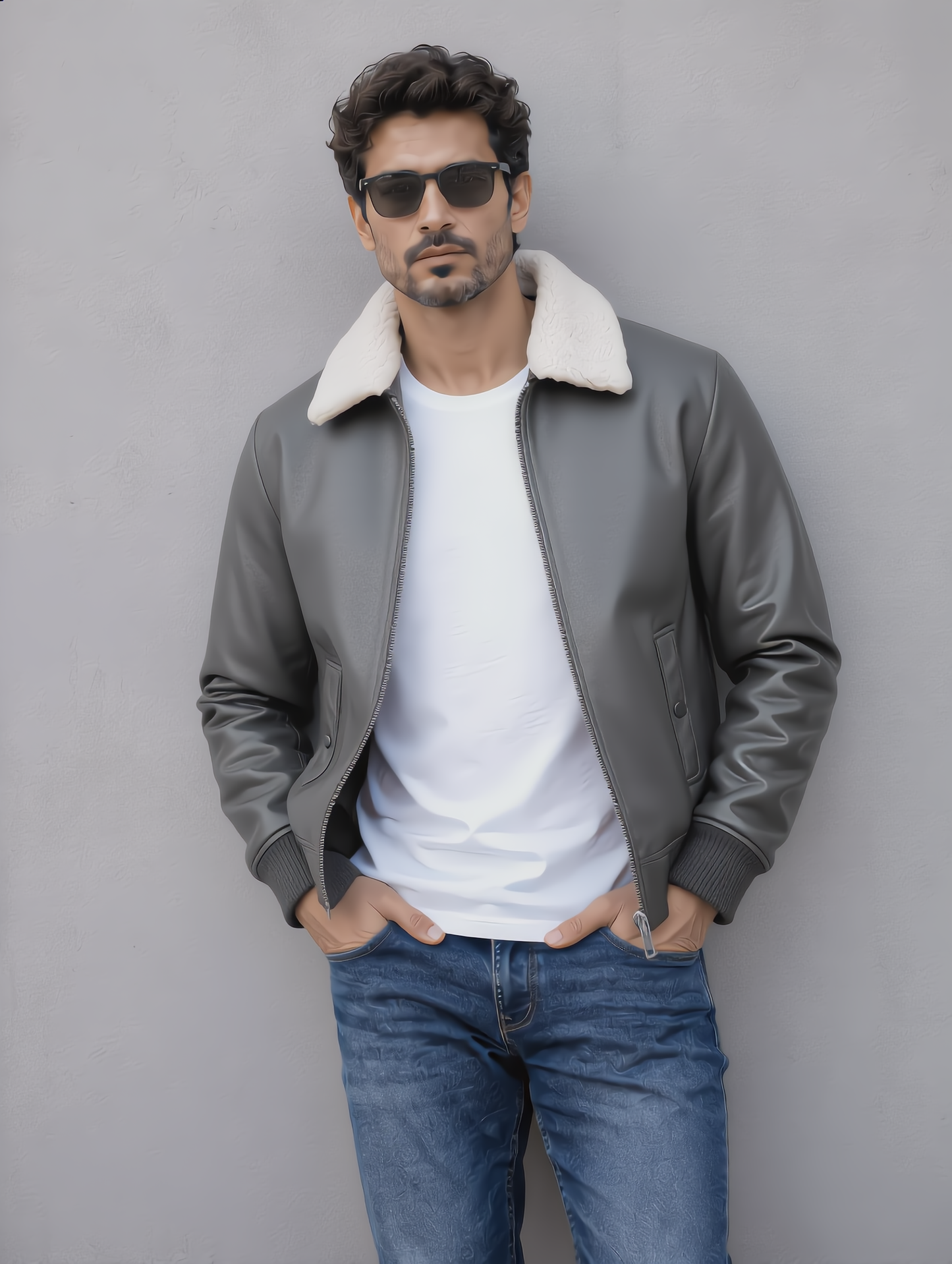 Leather Jacket (Detachable Faux Fur Collar) - Gray