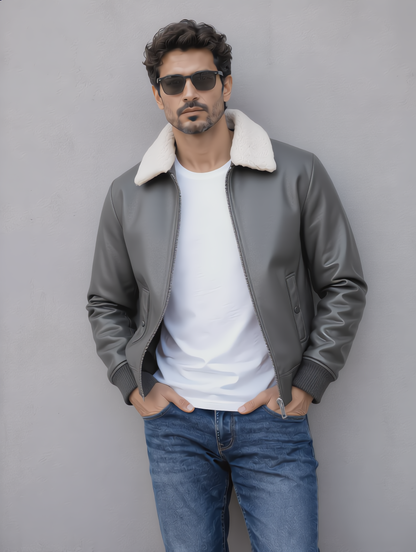 Leather Jacket (Detachable Faux Fur Collar) - Gray