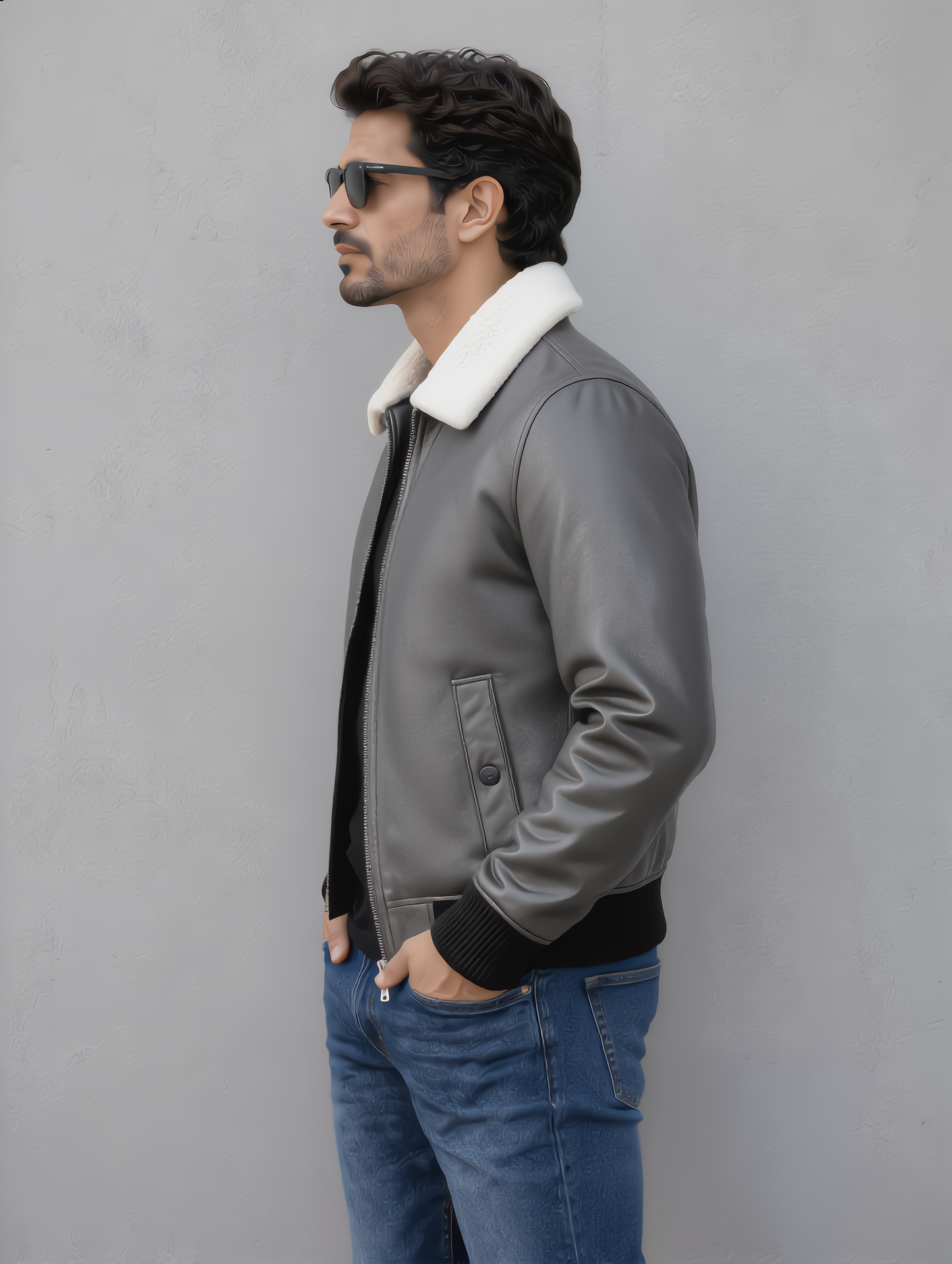 Leather Jacket (Detachable Faux Fur Collar) - Gray