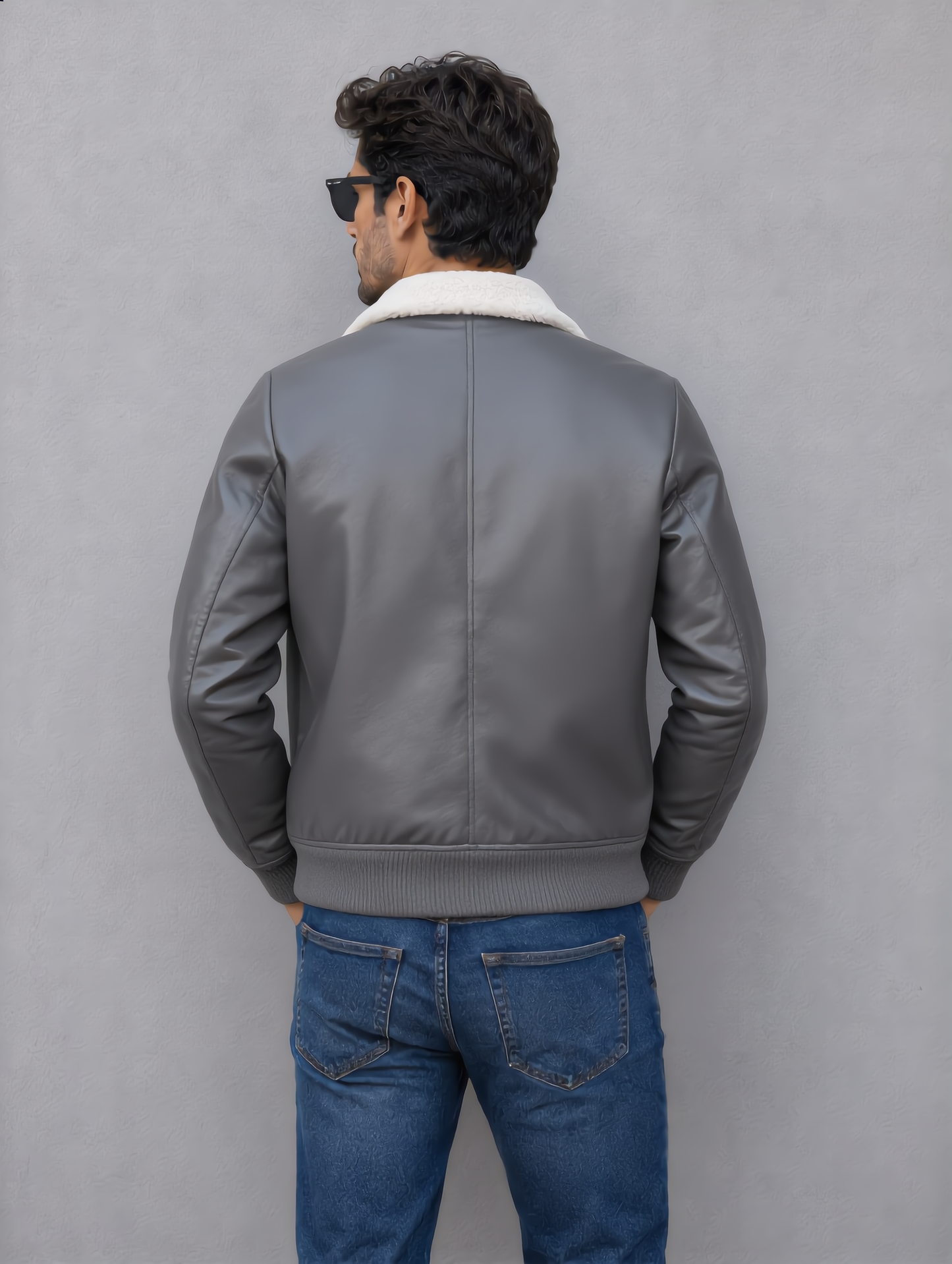 Leather Jacket (Detachable Faux Fur Collar) - Gray