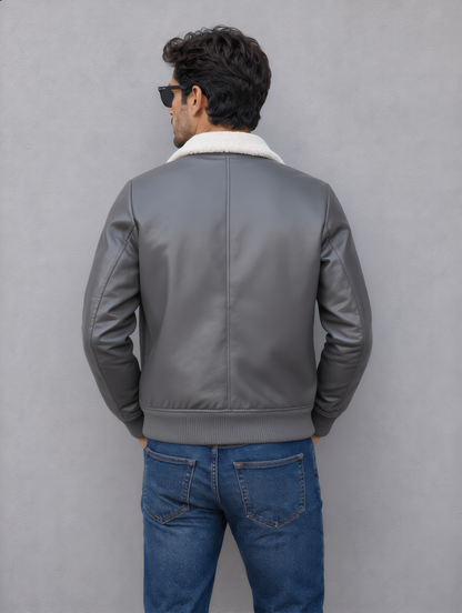 Leather Jacket (Detachable Faux Fur Collar) - Gray