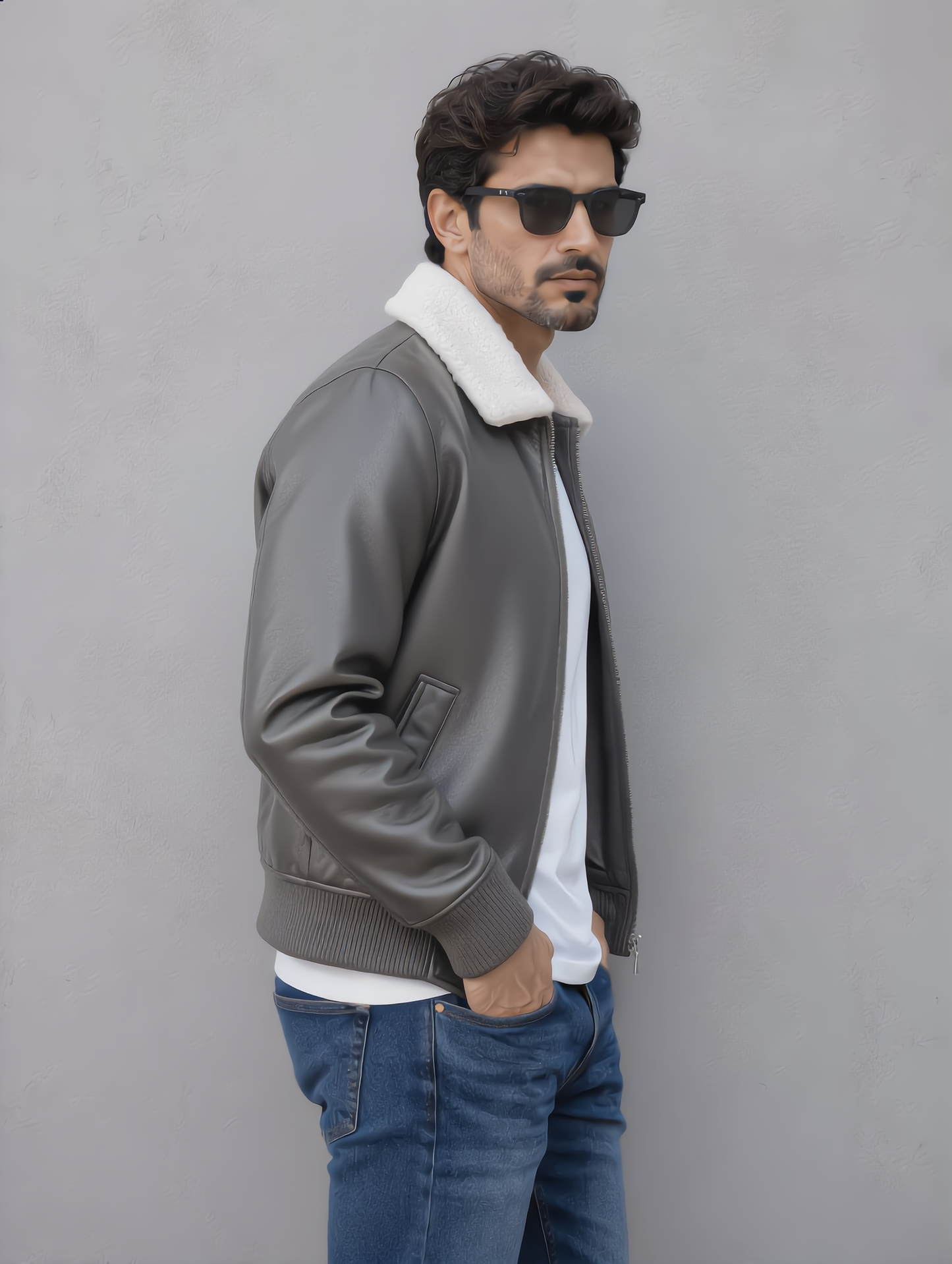 Leather Jacket (Detachable Faux Fur Collar) - Gray