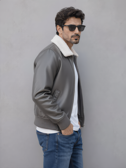Leather Jacket (Detachable Faux Fur Collar) - Gray