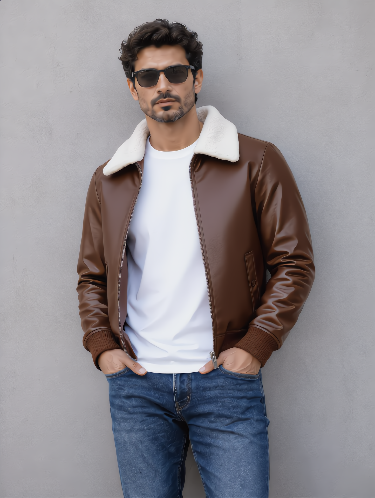 Leather Jacket (Detachable Faux Fur Collar) - Chocolate