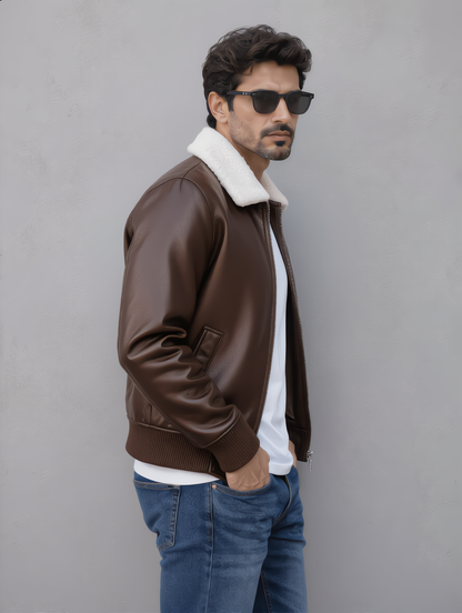 Leather Jacket (Detachable Faux Fur Collar) - Chocolate