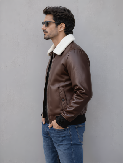 Leather Jacket (Detachable Faux Fur Collar) - Chocolate