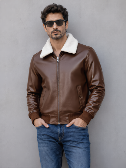 Leather Jacket (Detachable Faux Fur Collar) - Chocolate
