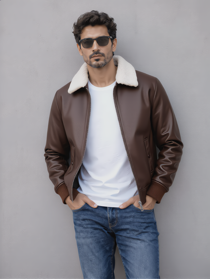 Leather Jacket (Detachable Faux Fur Collar) - Chocolate