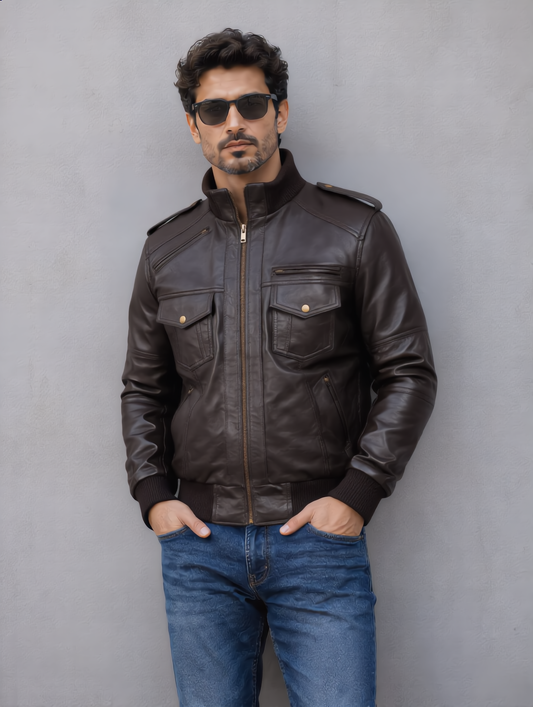 Biker Leather Jacket -Brown