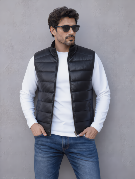 Leather Puffer Vest - Black