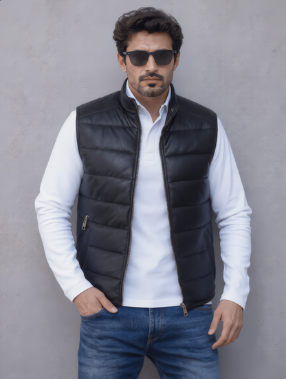 Leather Puffer Vest - Black