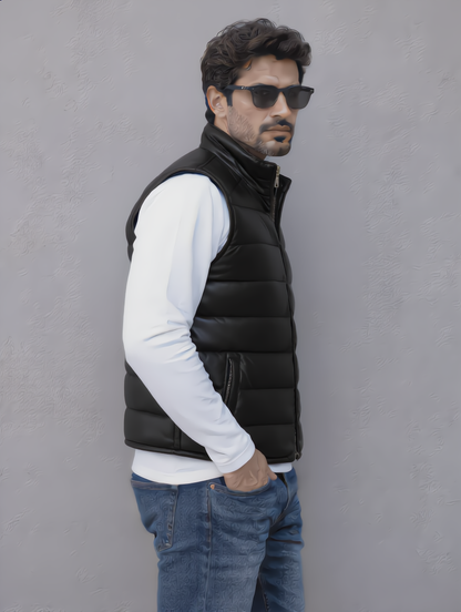 Leather Puffer Vest - Black