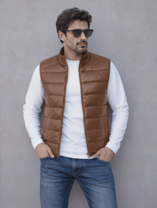 Leather Puffer Vest - Brown
