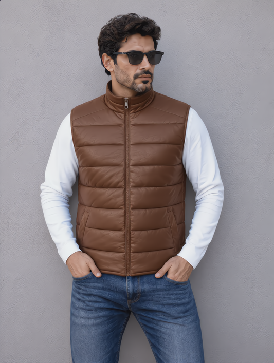 Leather Puffer Vest - Brown