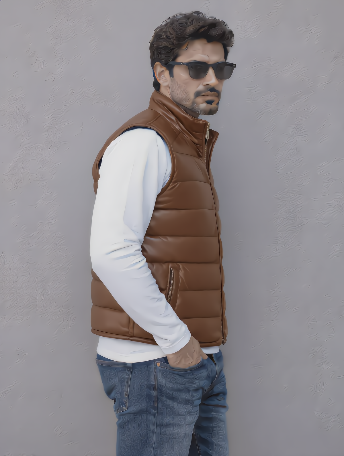 Leather Puffer Vest - Brown
