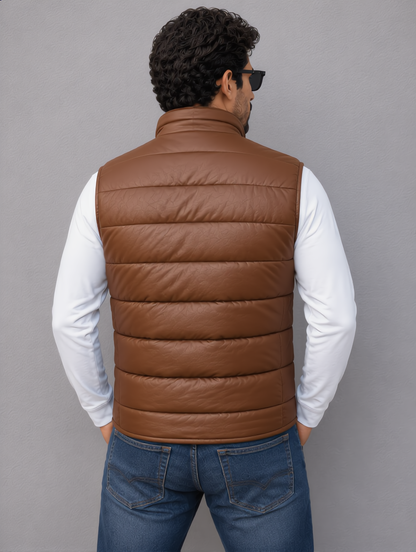 Leather Puffer Vest - Brown
