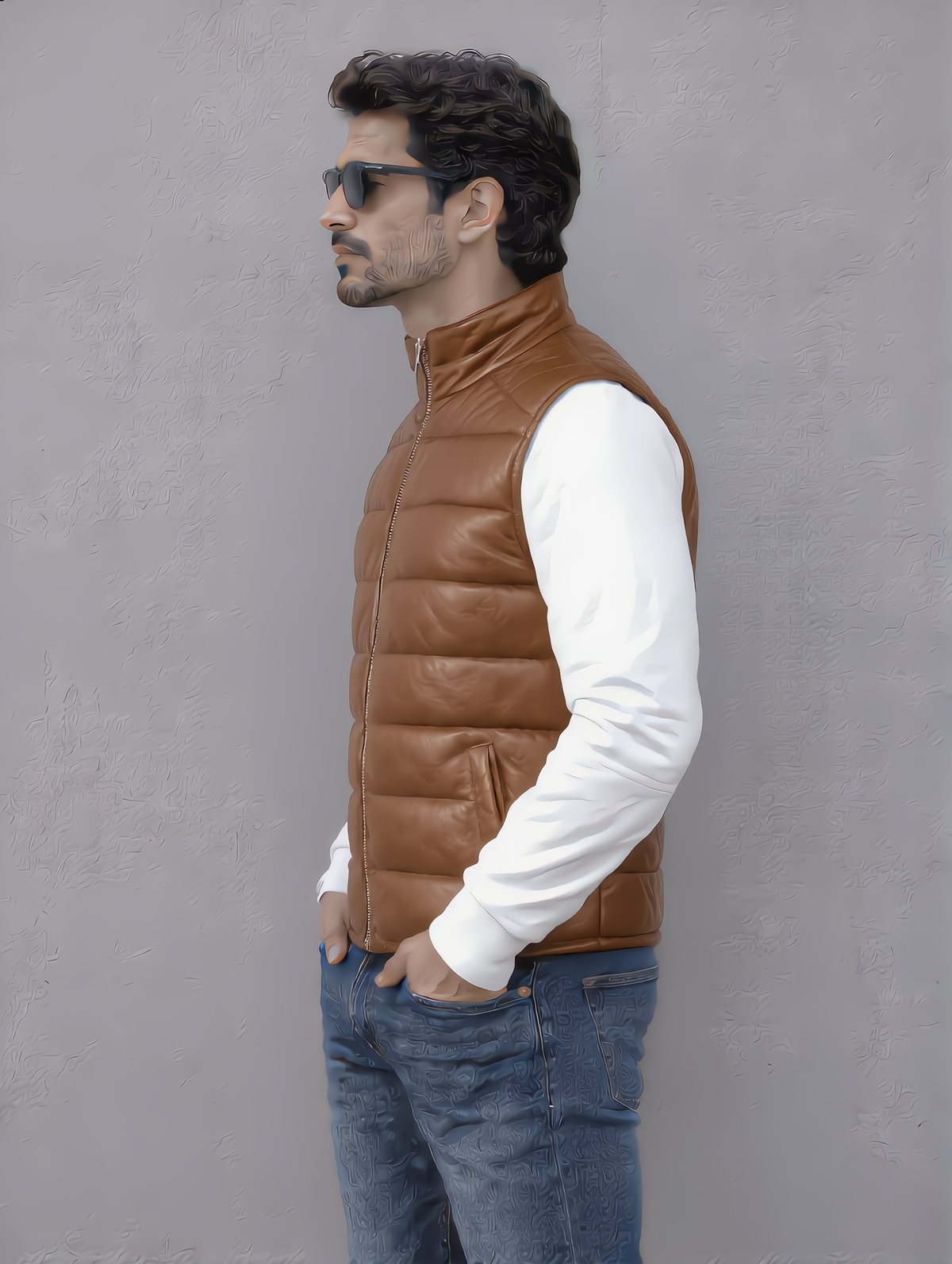 Leather Puffer Vest - Brown