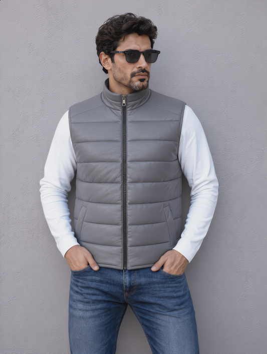 Leather Puffer Vest - Gray