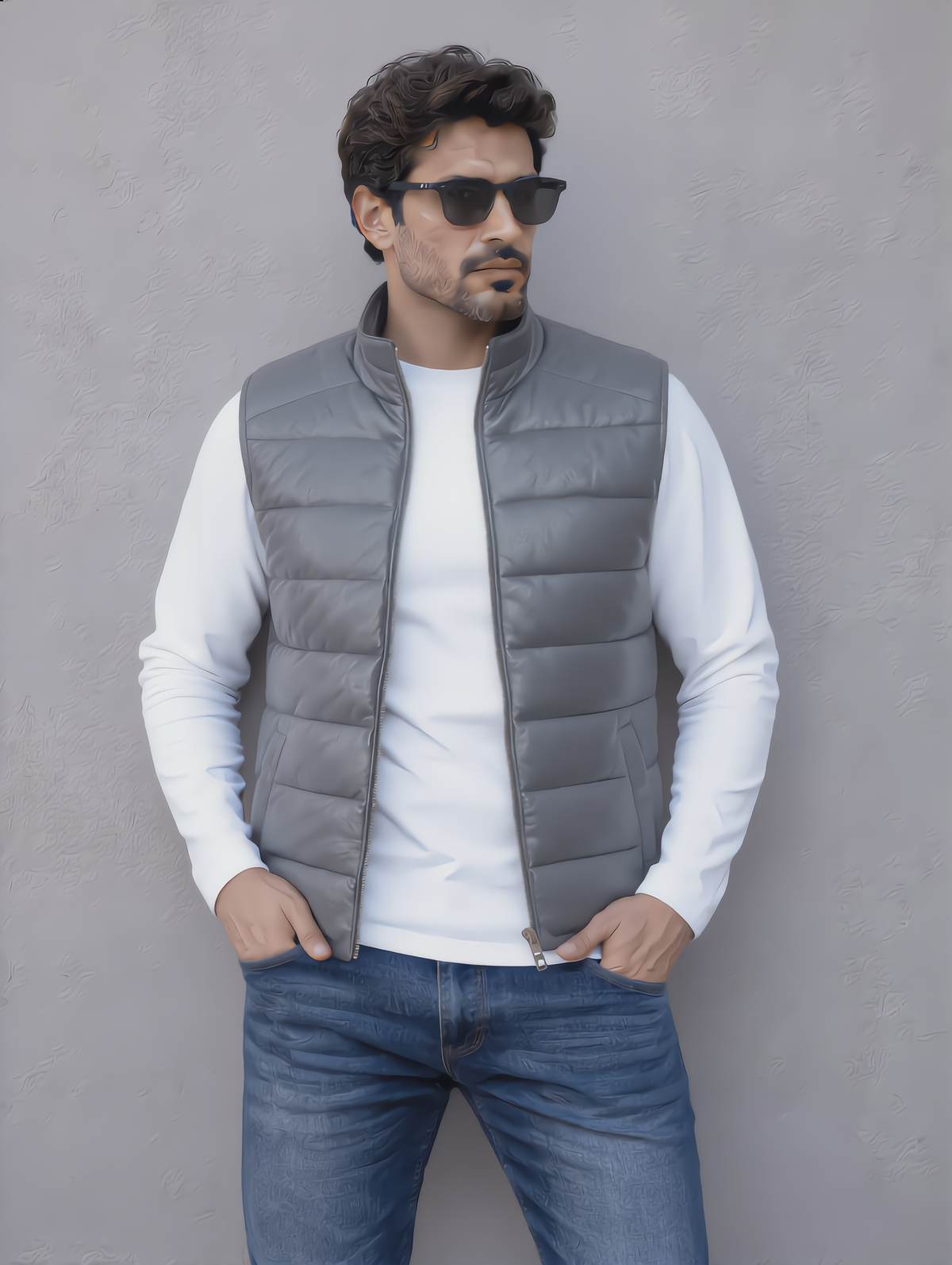 Leather Puffer Vest - Gray