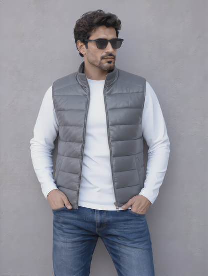 Leather Puffer Vest - Gray