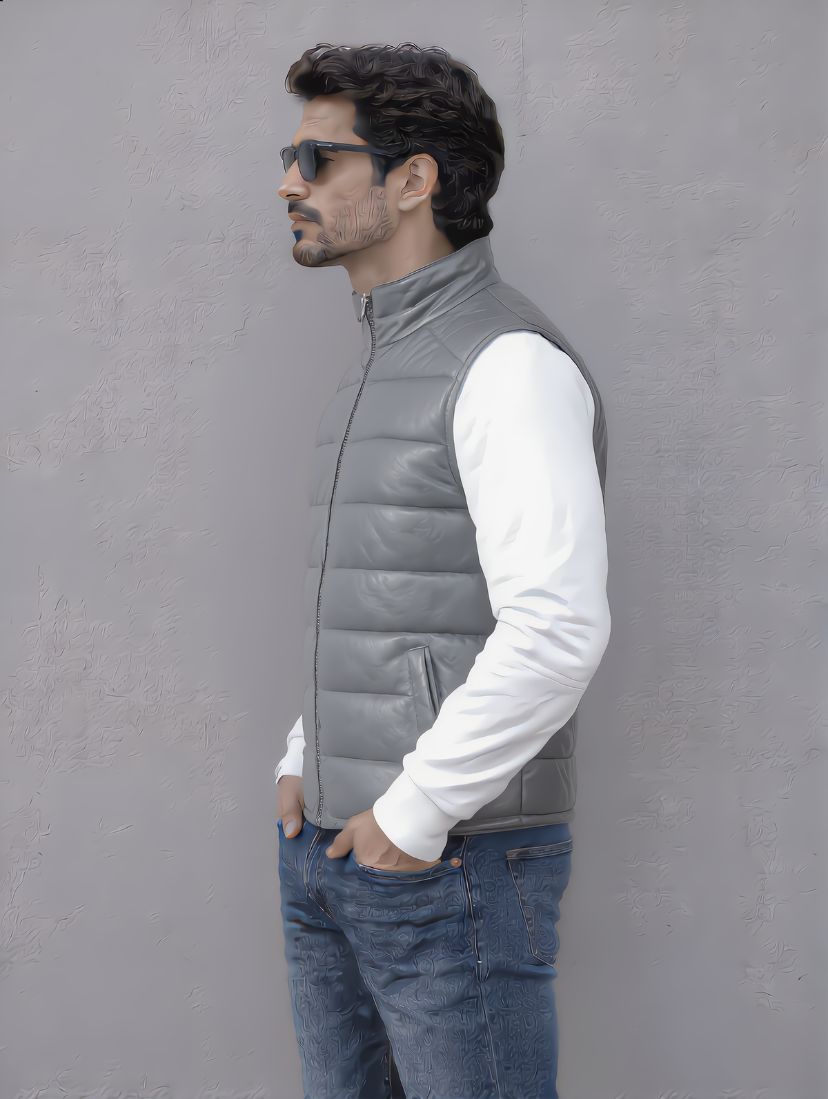 Leather Puffer Vest - Gray