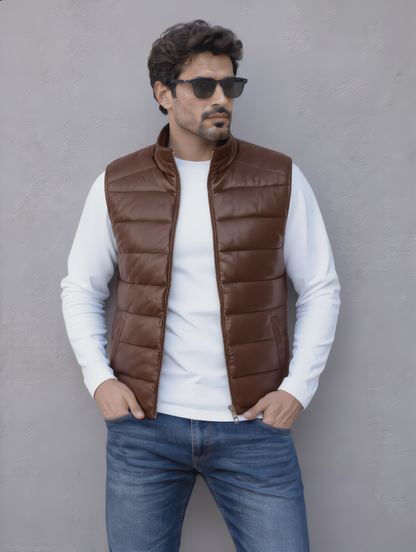 Leather Puffer Vest - Chocolate