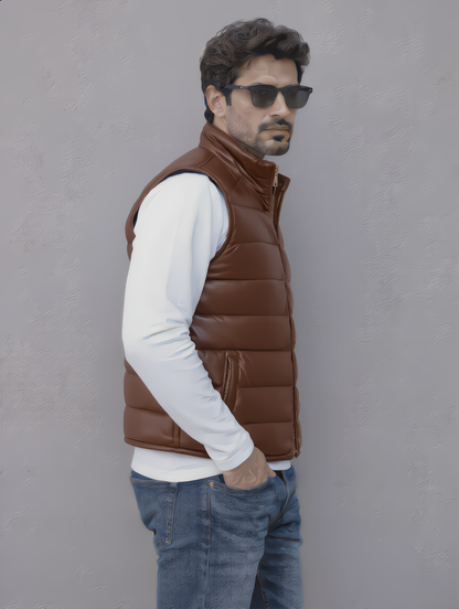 Leather Puffer Vest - Chocolate