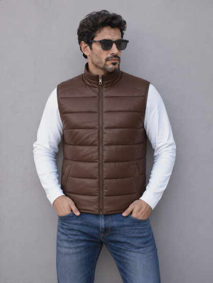Leather Puffer Vest - Chocolate
