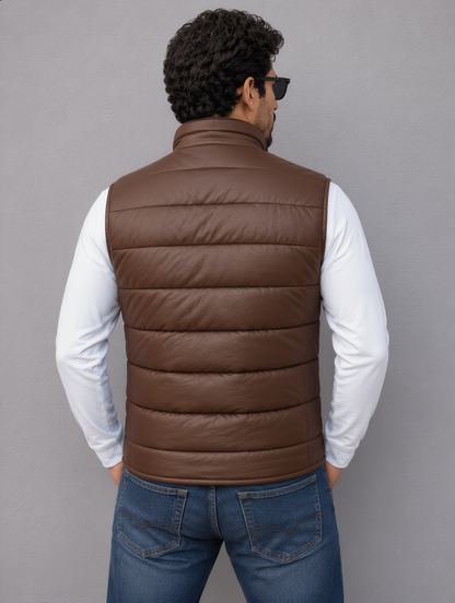 Leather Puffer Vest - Chocolate