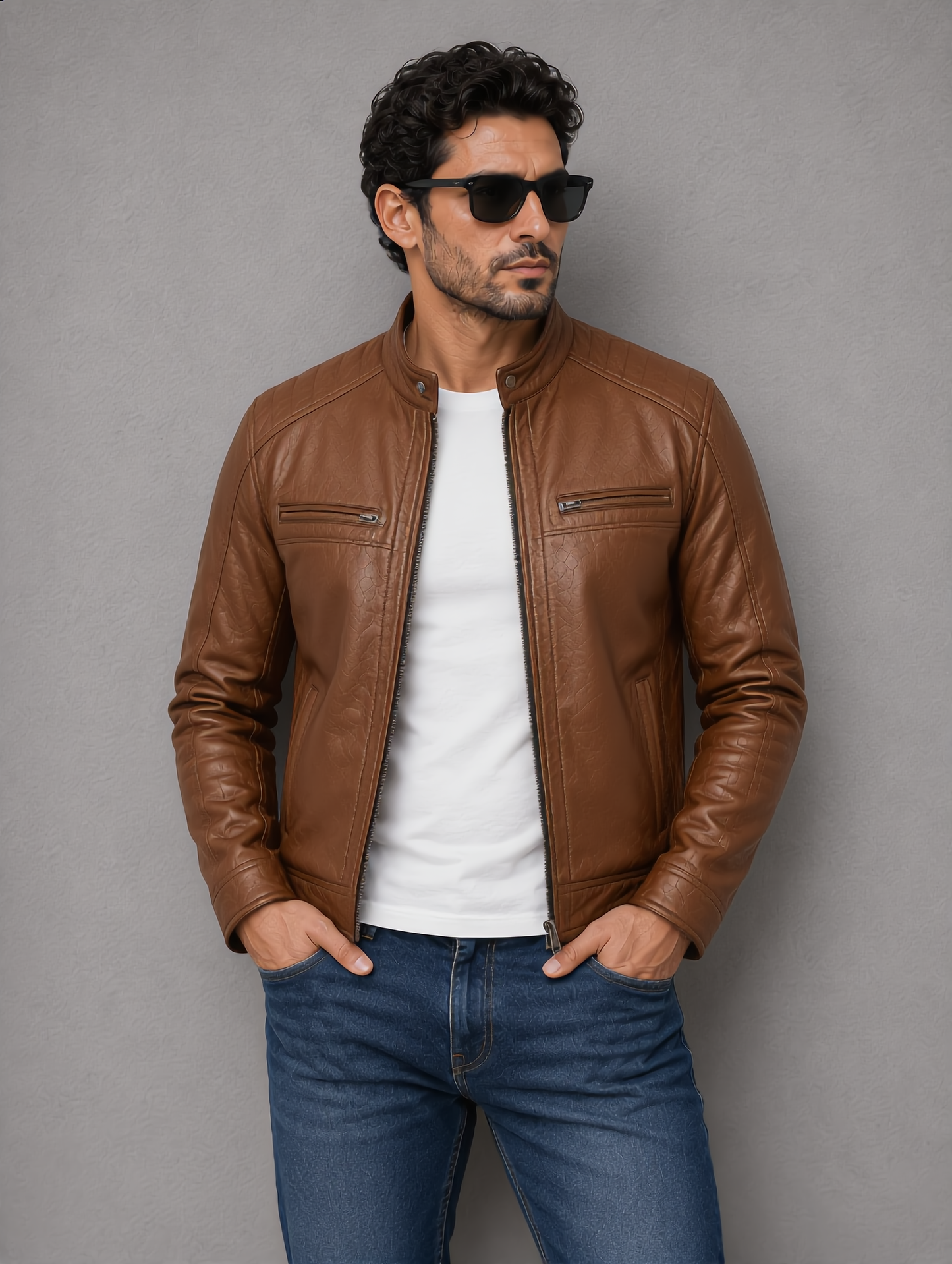 Classic Biker Leather Jacket - Brown