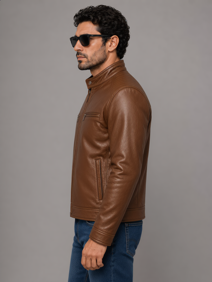 Classic Biker Leather Jacket - Brown