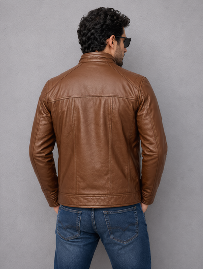 Classic Biker Leather Jacket - Brown