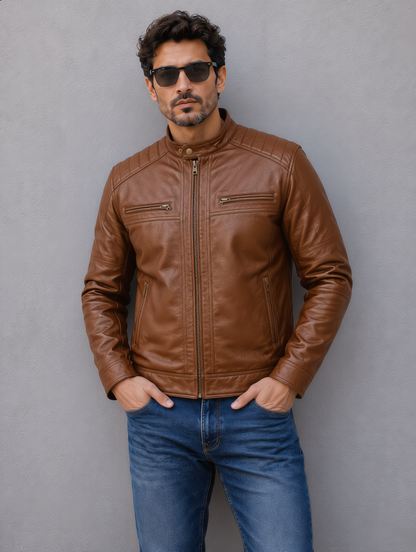 Classic Biker Leather Jacket - Brown