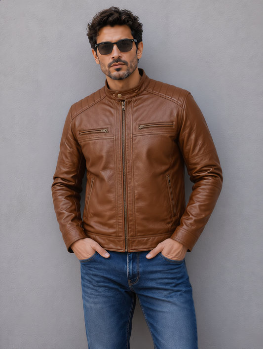 Classic Biker Leather Jacket - Brown