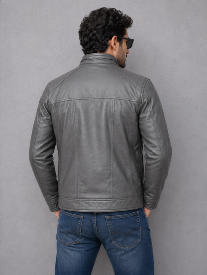 Classic Biker Leather Jacket - Gray