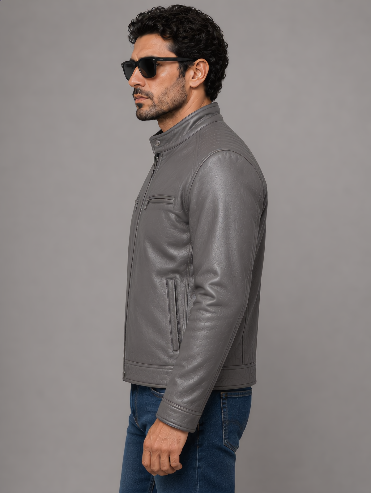 Classic Biker Leather Jacket - Gray