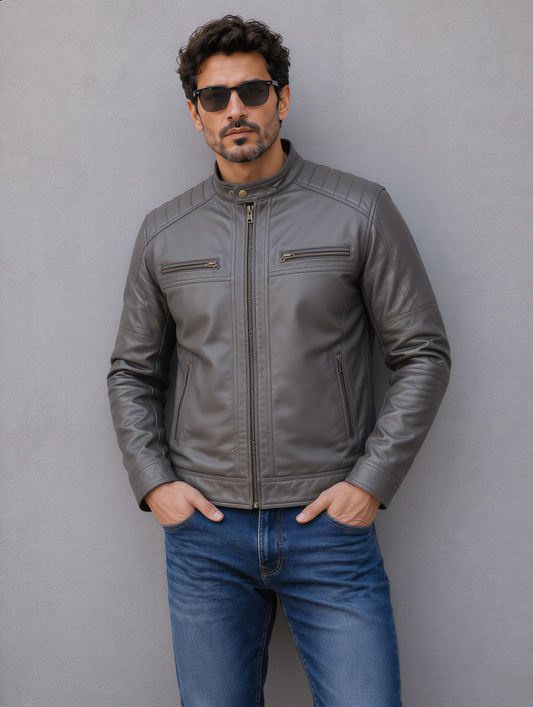 Classic Biker Leather Jacket - Gray