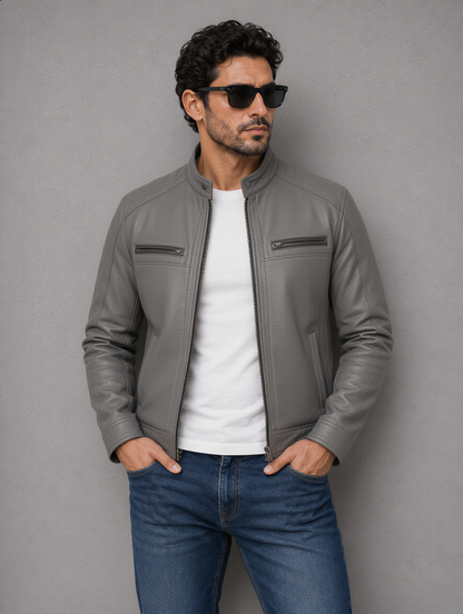 Classic Biker Leather Jacket - Gray
