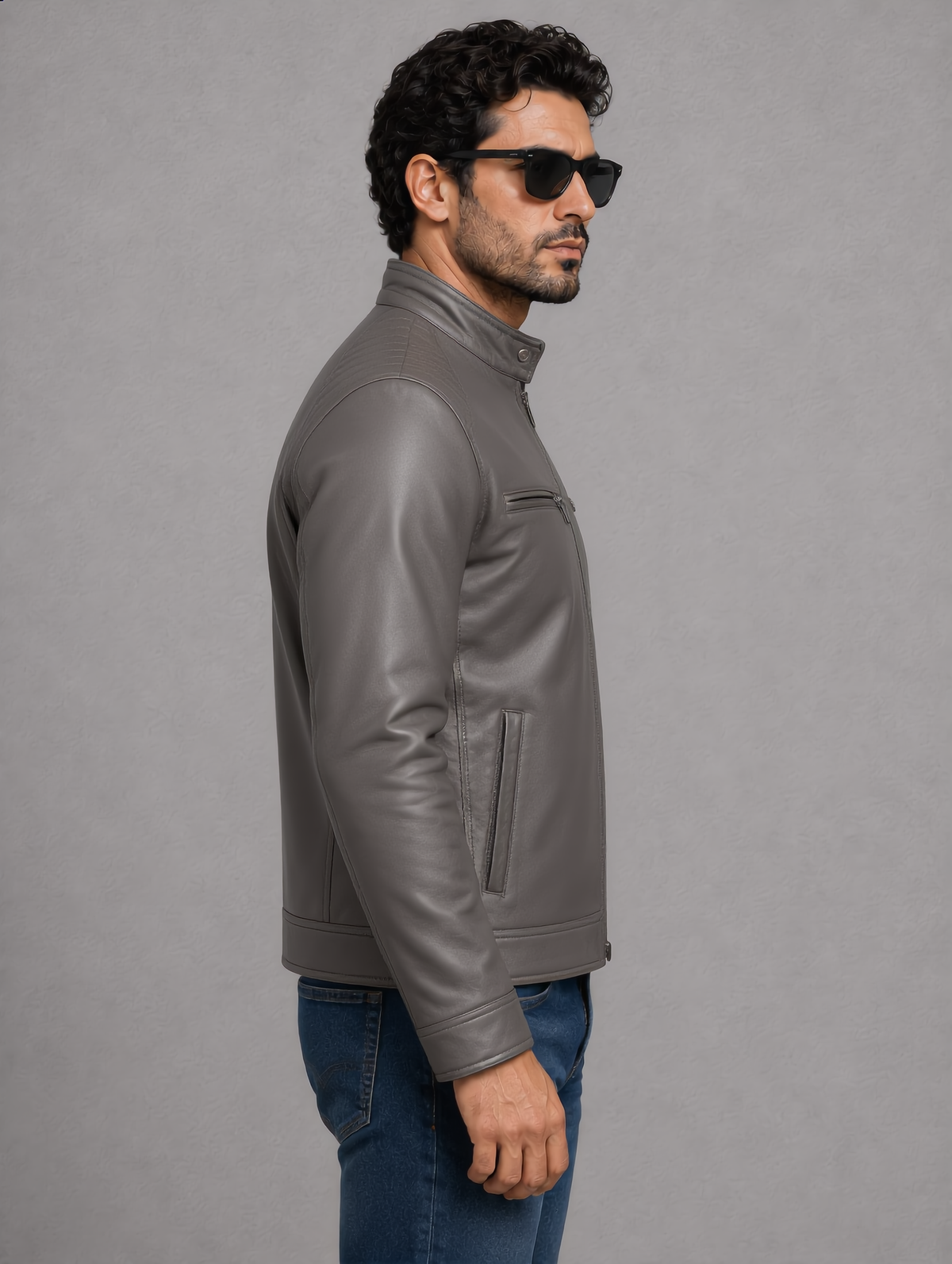 Classic Biker Leather Jacket - Gray