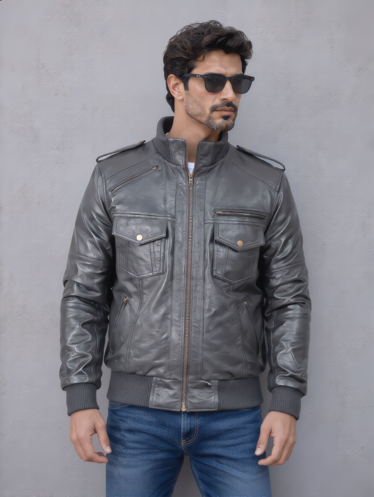 Biker Leather Jacket -Gray
