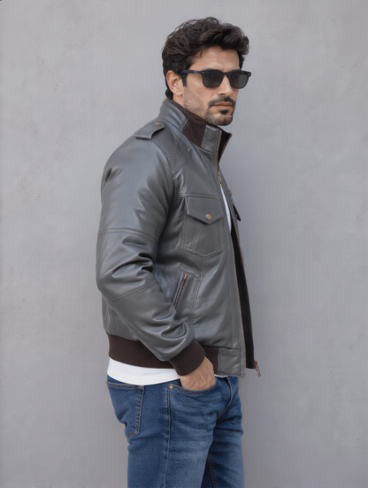 Biker Leather Jacket -Gray